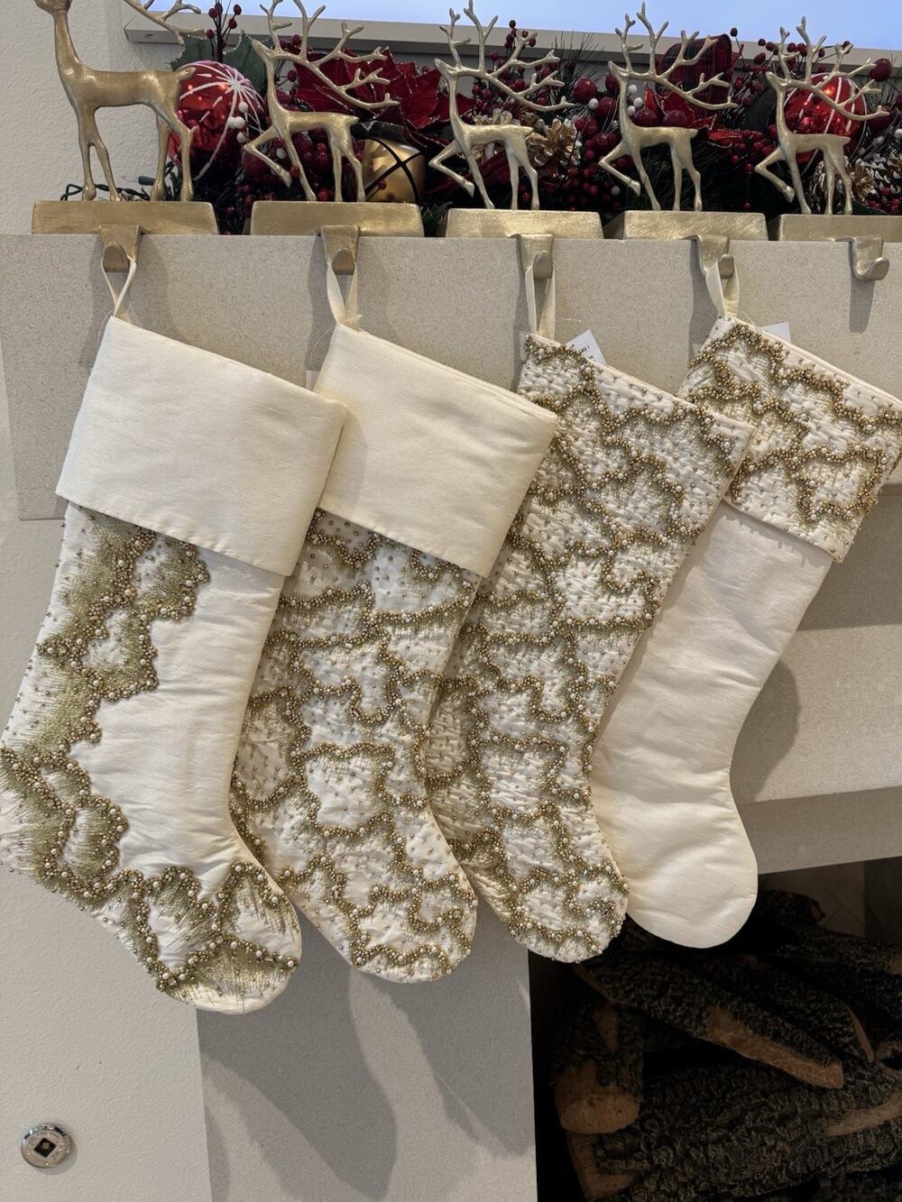 Neiman Marcus 19” White Gold Hand Beaded Half Mist Christmas Stocking